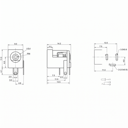 Technical dimension blueprint diagram for a DC jack PCB mount socket, showing front view, side view, pin layout schematic, and exact millimeter measurements.