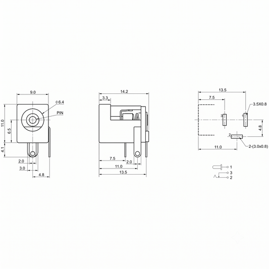 Technical dimension blueprint diagram for a DC jack PCB mount socket, showing front view, side view, pin layout schematic, and exact millimeter measurements.