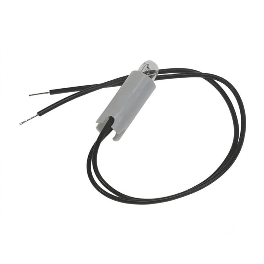 Small replacement incandescant light bulb housed in a cylindrical white plastic sleeve, with two long black wire leads curving around and ending in stripped, exposed silver wire tips against a plain white background.