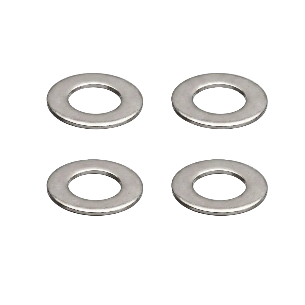 Four metallic washers on a white background
