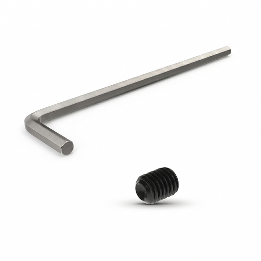Metal Allen wrench and black hex nut on a white background