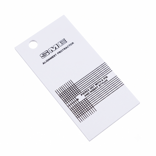 An SME Alignment Protractor for turntable cartridges, featuring a white rectangular card with a spindle hole at the top left, the "SME ALIGNMENT PROTRACTOR" text, and a black grid pattern on the lower section with the instruction "PIERCE DOT WITH A PIN AND INSERT STYLUS".