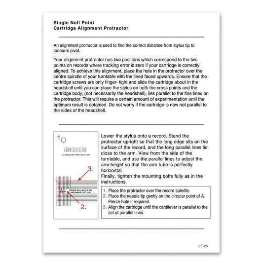 SME Single Null Point Cartridge Alignment Protractor instructional manual page LE-26, featuring turntable cartridge setup diagrams and step-by-step instructions
