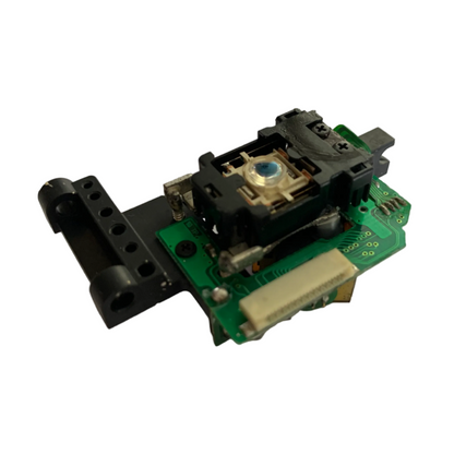 Electronic component with green circuit board and black casing on a white background