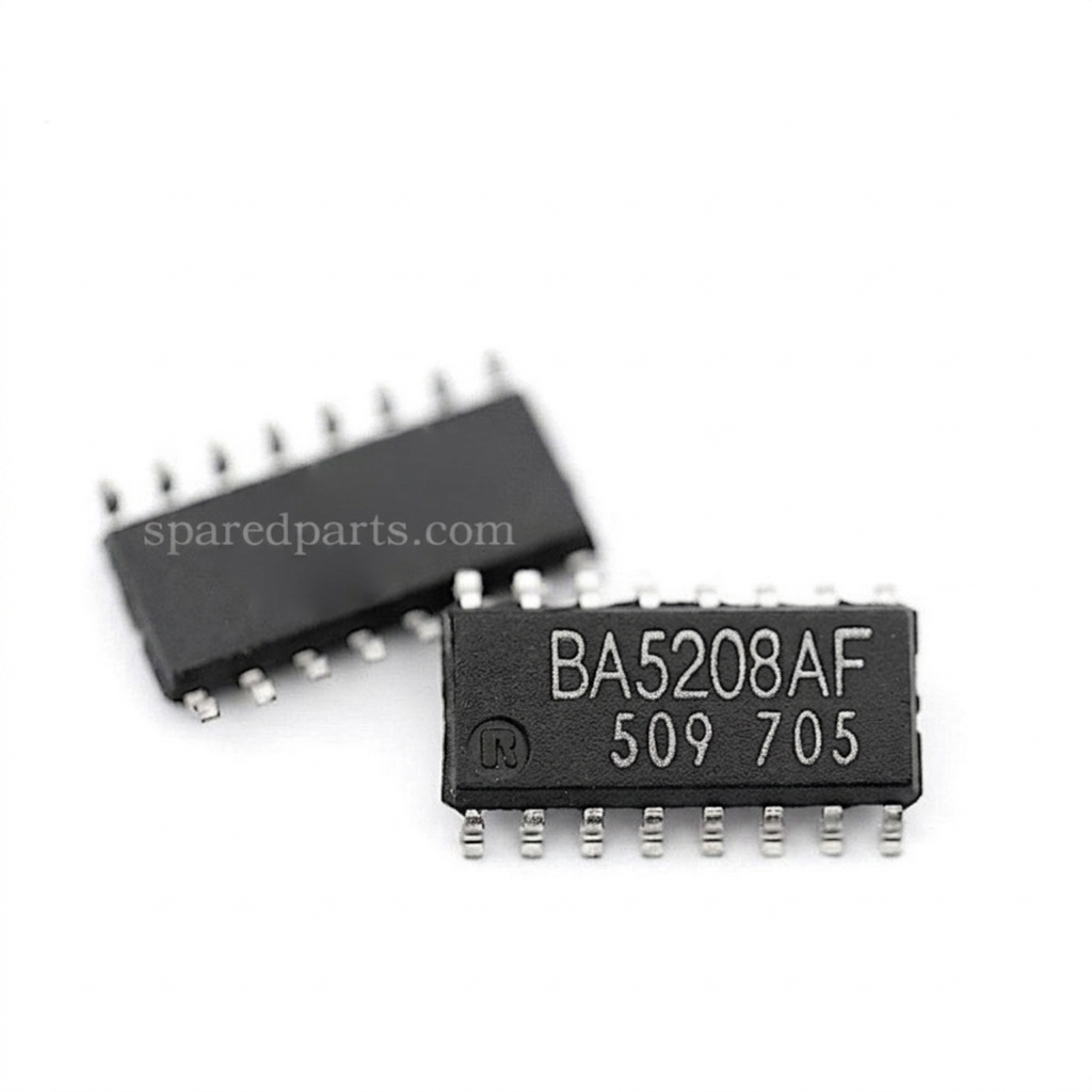 BA5208AF integrated circuit (IC) chips manufactured by Rohm, shown against a plain white background. One chip is in the foreground, lying flat and clearly displaying the laser-etched text "BA5208AF", "509 705", and the Rohm "R" logo. The second chip rests slightly behind it at an angle, showing its rows of metallic pins. A faint, translucent watermark reading "sparedparts.com" is visible across the centre.