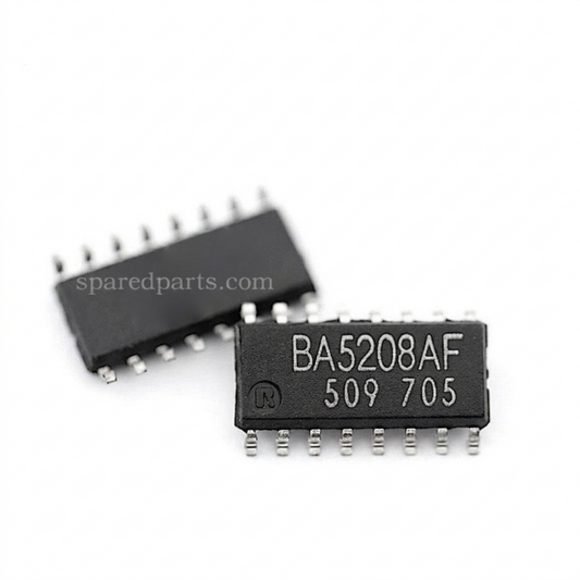 BA5208AF integrated circuit (IC) chips manufactured by Rohm, shown against a plain white background. One chip is in the foreground, lying flat and clearly displaying the laser-etched text "BA5208AF", "509 705", and the Rohm "R" logo. The second chip rests slightly behind it at an angle, showing its rows of metallic pins. A faint, translucent watermark reading "sparedparts.com" is visible across the centre.