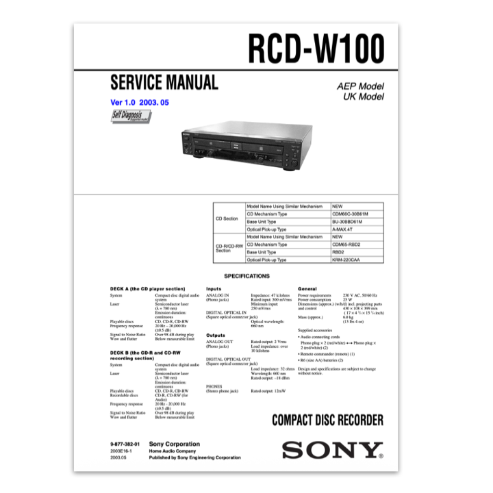 Service manual for Sony RCD-W100 compact disc recorder on a white background