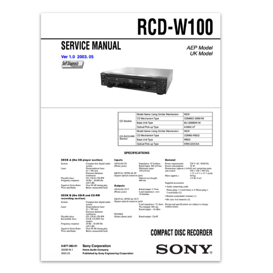 Service manual for Sony RCD-W100 compact disc recorder on a white background