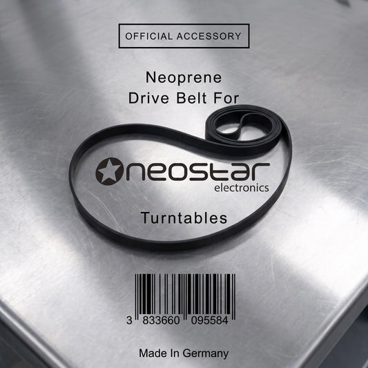 An overhead photograph of a black, looped neoprene drive belt coiled into a stylized heart or 'P' shape on a brushed stainless steel work surface. Positioned around and within the loop is dark grey text and a barcode. From top to bottom, the text reads 'OFFICIAL ACCESSORY' (in a framed box), followed by 'Neoprene Drive Belt For', then the 'neostar electronics' logo with its signature star icon, and 'Turntables'. At the bottom, a standard EAN-13 barcode has the numbers '3 833660 095584' below it, followed by