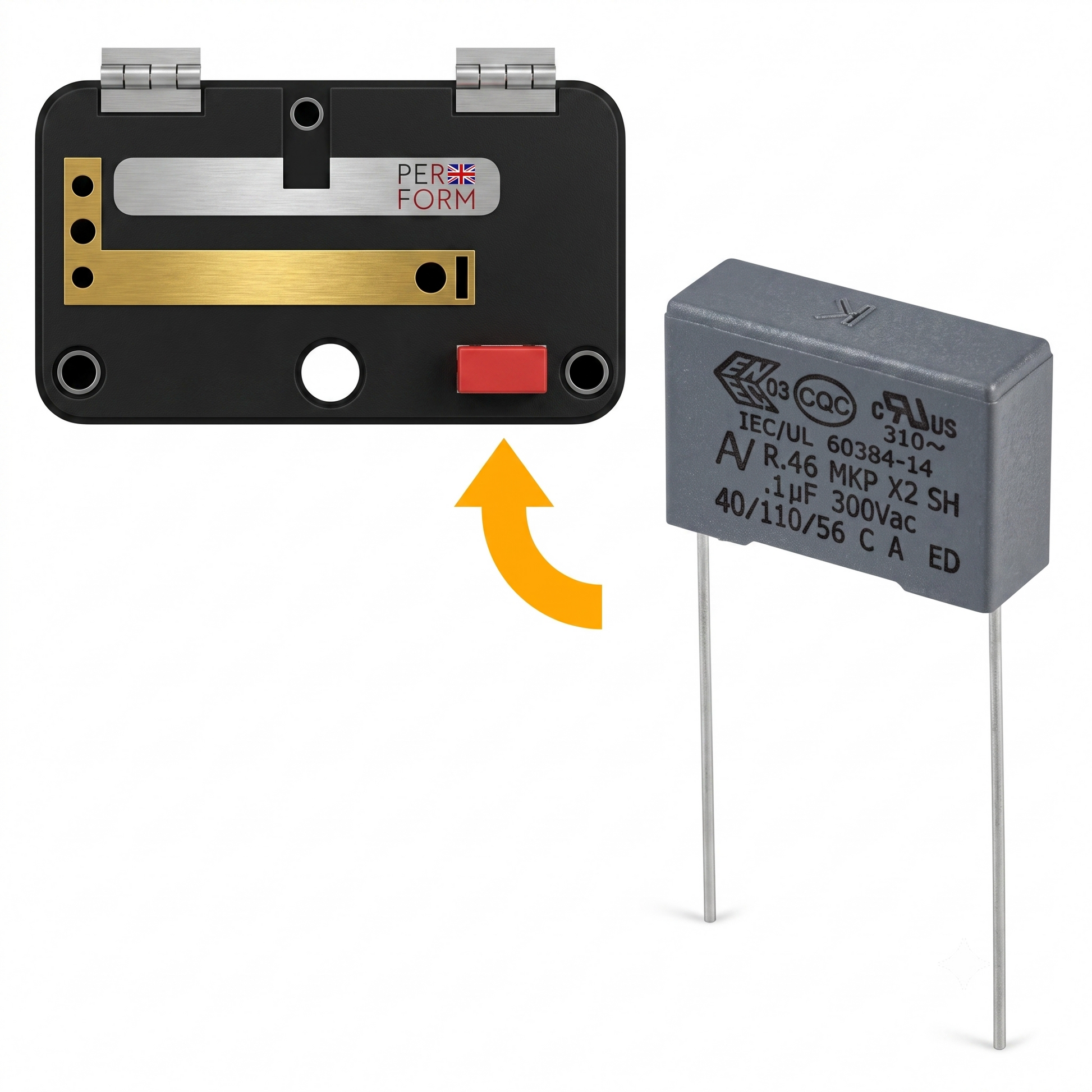A black electronic component with a gold metal strip and a small red tab, shown alongside a gray dual-inline capacitor with printed technical specifications. An orange arrow points from the capacitor to the component, indicating a relationship or application.