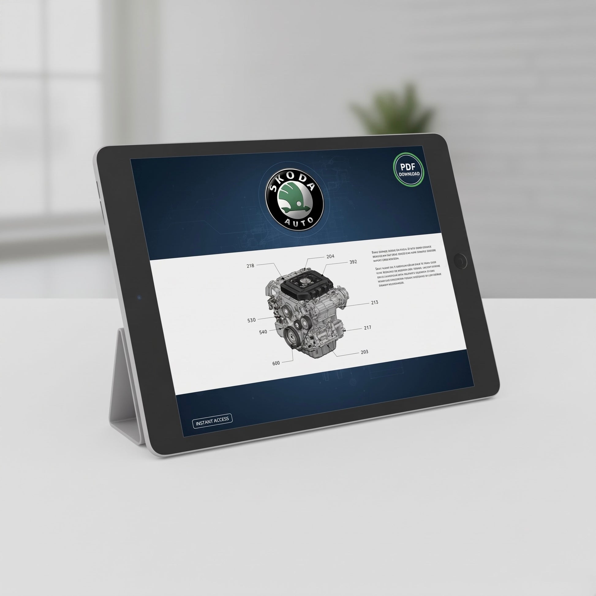 A tablet device on a small stand displaying a Skoda Auto engine diagram and manual page, set on a light gray surface with a softly blurred indoor background.
