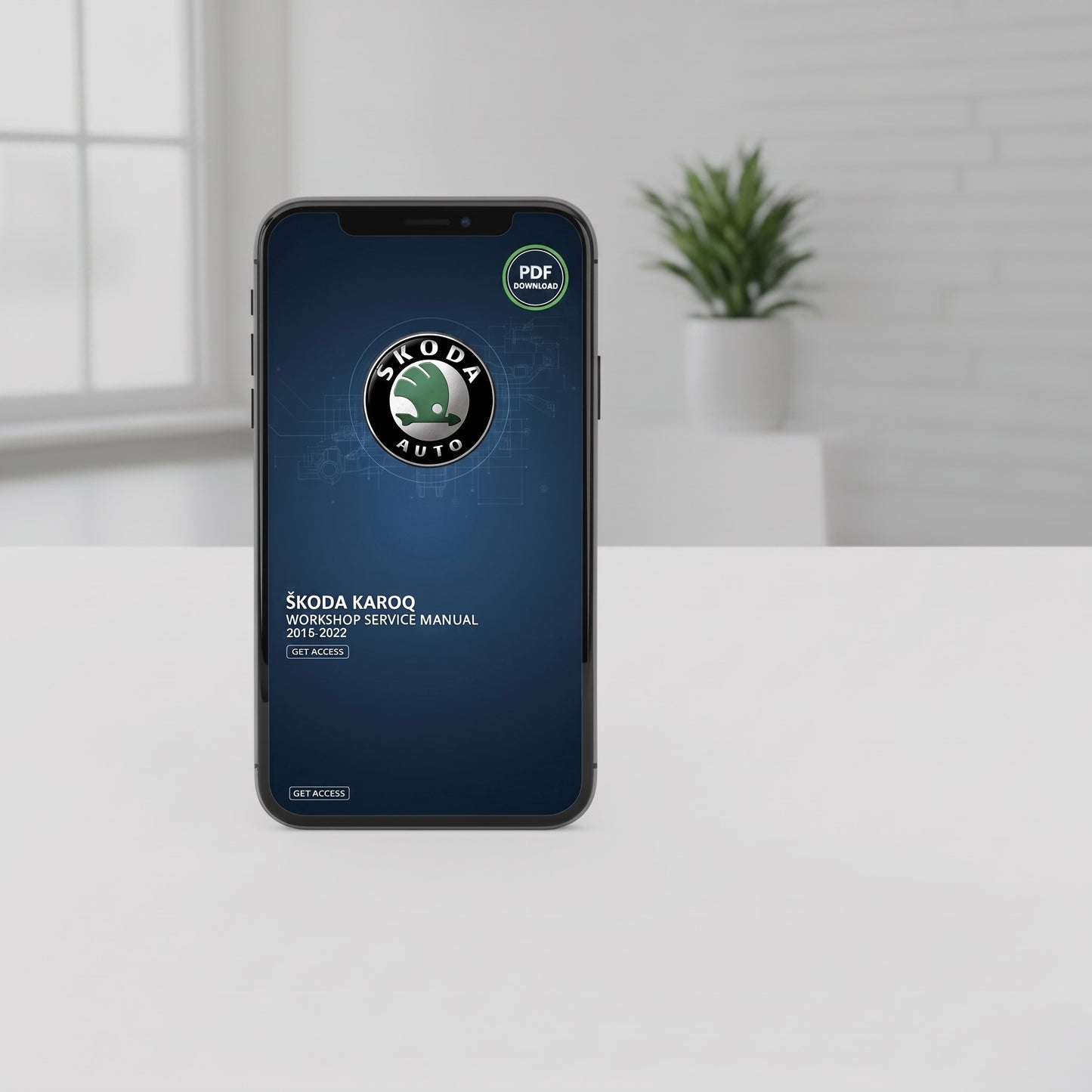 A smartphone displaying the Skoda Auto workshop service manual in PDF format, set on a white surface with a blurred modern room background featuring a window and a small potted plant.