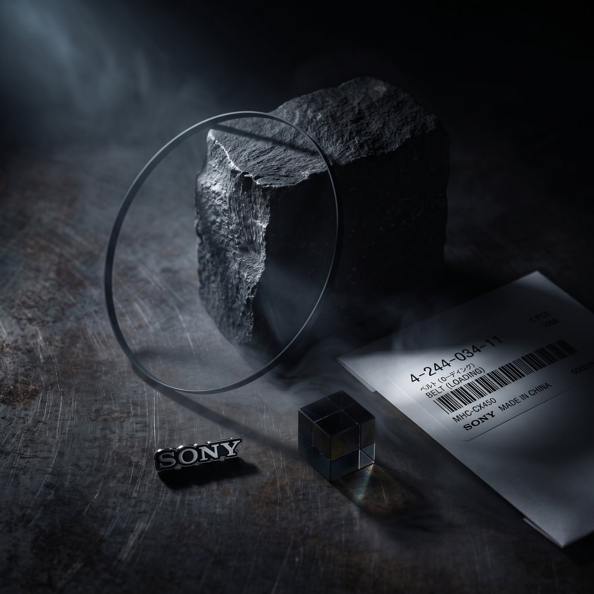 Sony belt set on a dark textured surface, featuring a metal SONY logo and a product card with a barcode.