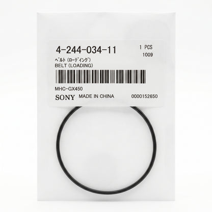 A black rubber belt inside a white plastic packaging sleeve with a white label. The label shows the brand SONY and part number 4-244-034-11.