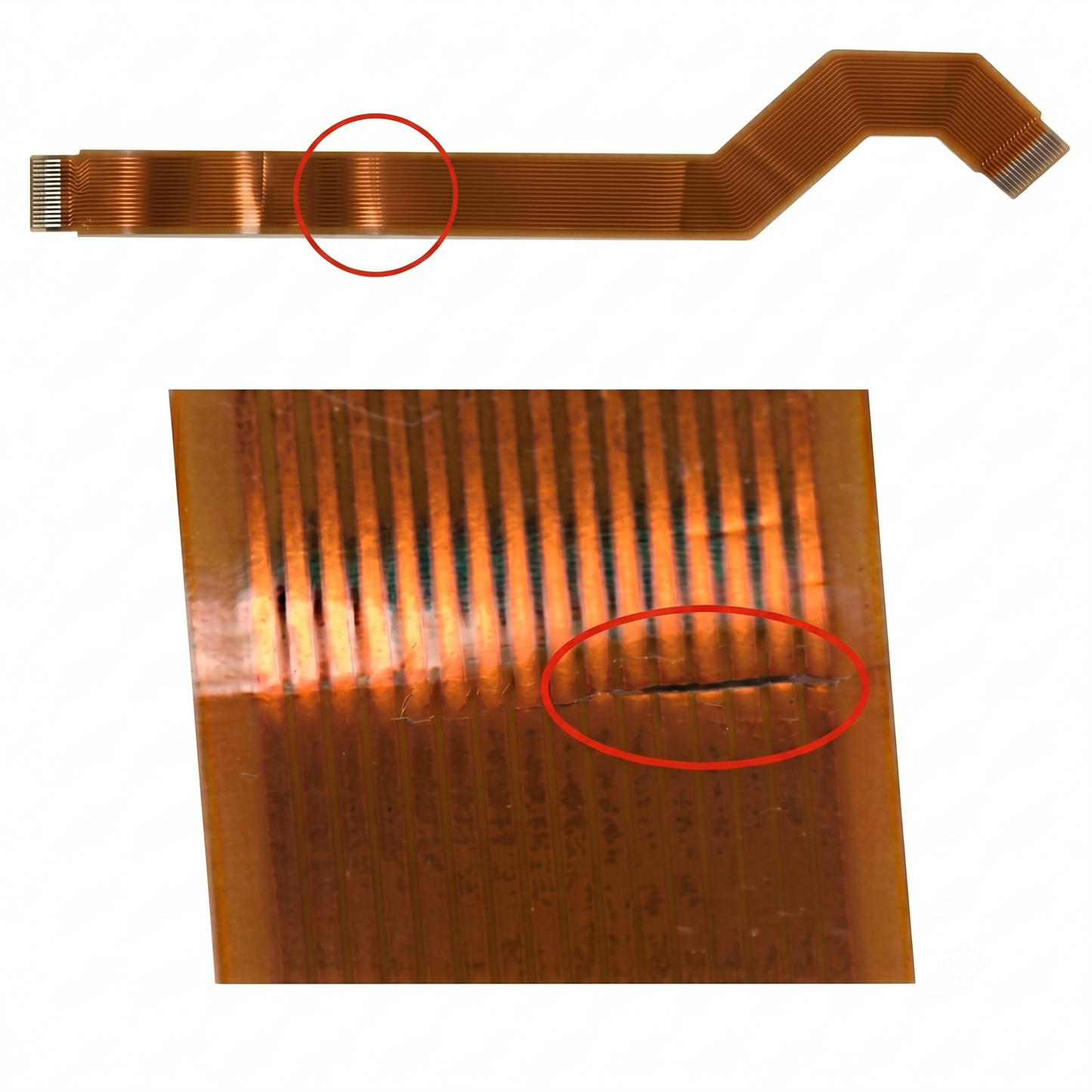 A macro photograph with two distinct views (a wide-angle composite showing the full cable and a close-up macro inset) of a damaged Sony ICF-SW100 ribbon cable.