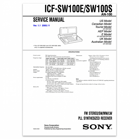 A high-resolution recreation of the front cover for a Sony Service Manual, structured with a clean white layout and black text.