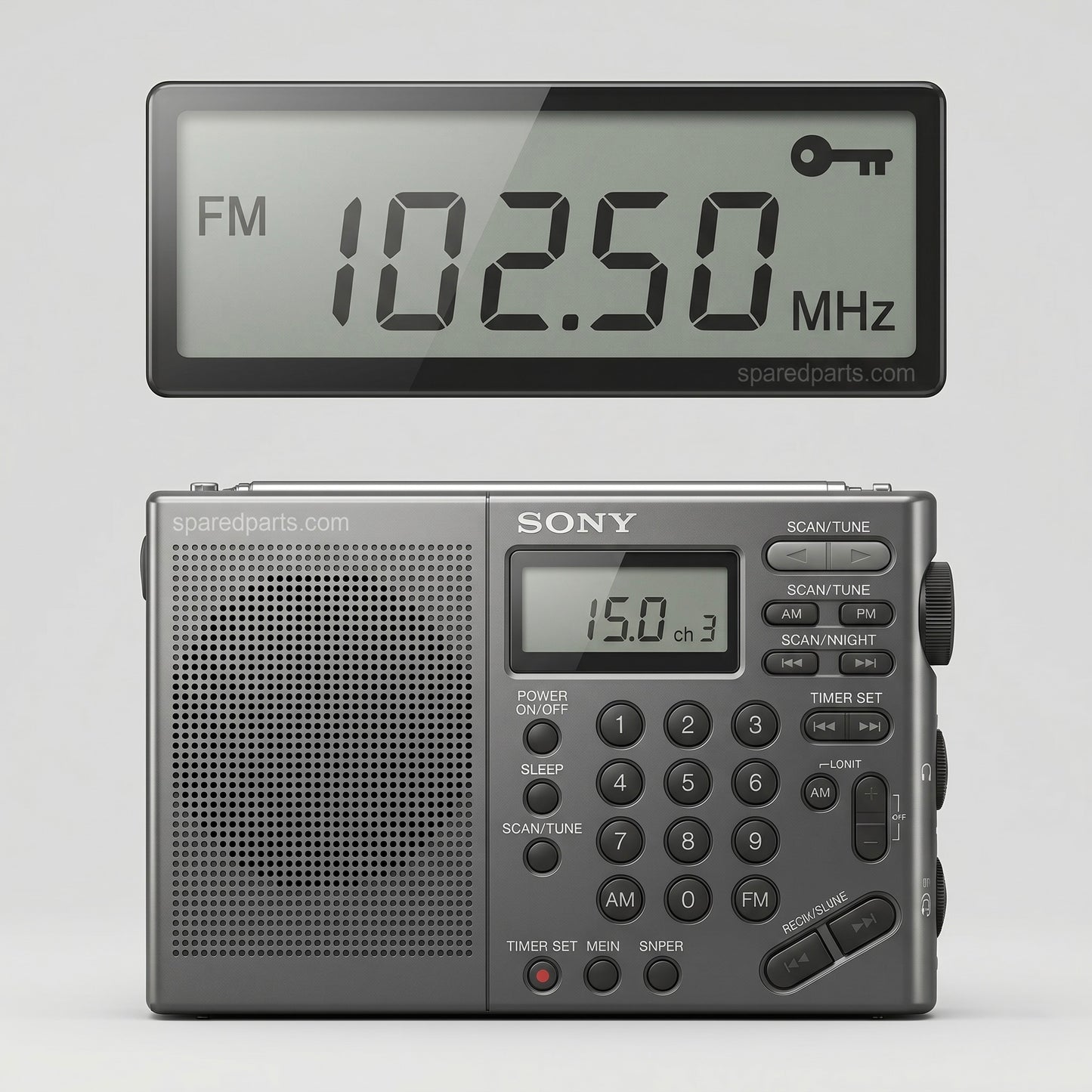 A close-up view of a multi-button Sony radio. One button labeled with a red dot says "TIMER SET." Another button in the shape of a key says "key." Text in the image reads, "sparedparts.com," "FM 102.50 MHz," and "15.0 ch 3."