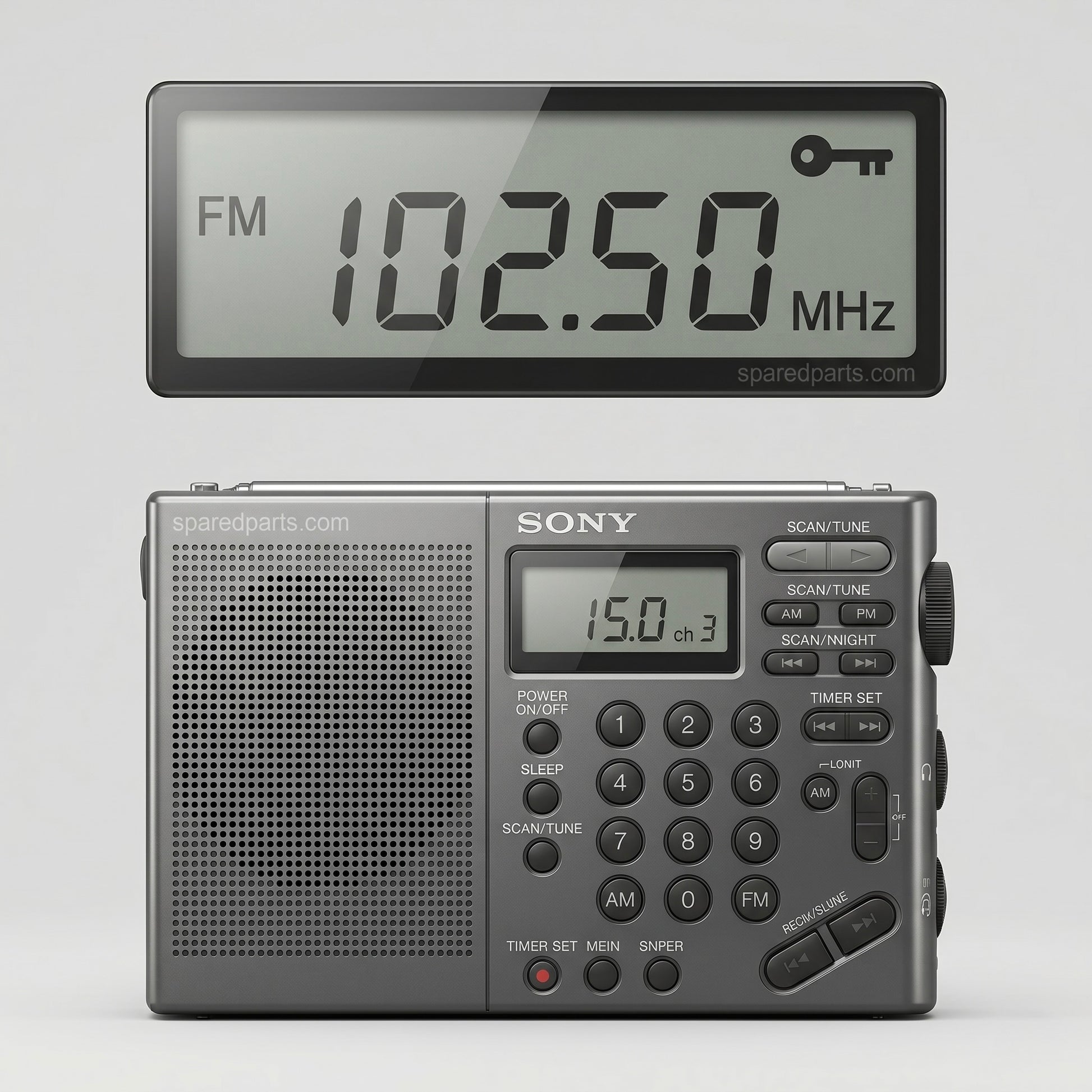 A close-up view of a multi-button Sony radio. One button labeled with a red dot says "TIMER SET." Another button in the shape of a key says "key." Text in the image reads, "sparedparts.com," "FM 102.50 MHz," and "15.0 ch 3."
