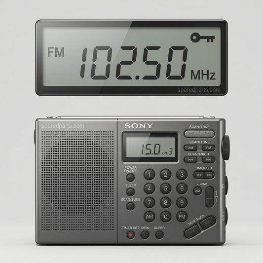 A close-up view of a multi-button Sony radio. One button labeled with a red dot says "TIMER SET." Another button in the shape of a key says "key." Text in the image reads, "sparedparts.com," "FM 102.50 MHz," and "15.0 ch 3."