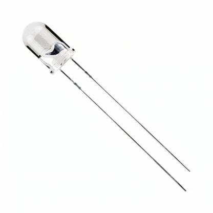 A single clear LED lens component with two thin metal leads, shown diagonally on a plain white background.