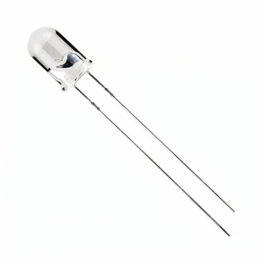 A single clear LED lens component with two thin metal leads, shown diagonally on a plain white background.