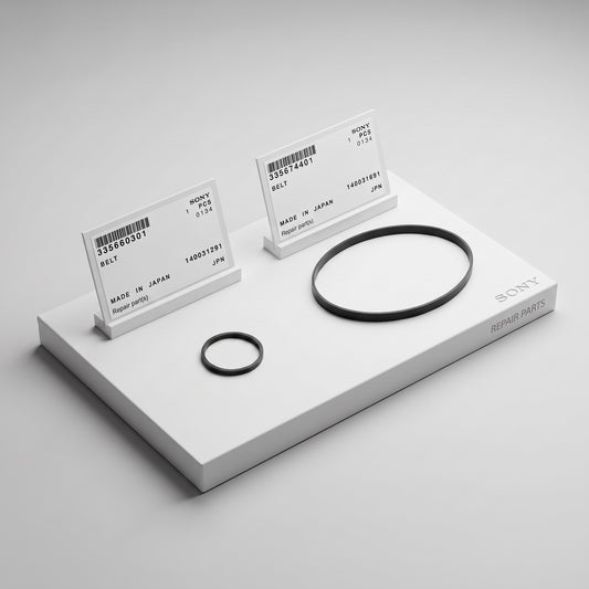 A clean, minimal product render features two black rubber belts on a white display stand. The display has “SONY REPAIR PARTS” printed on its side. Above each belt is a standing label holder. Each label includes a barcode and reads “335660301 (left) / 335674401 (right),” “BELT,” “1 PCS,” “MADE IN JAPAN,” and other serial numbers. The smaller belt is on the left, and the larger one is on the right. The image has soft lighting on a white background.
