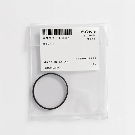A high-resolution studio photograph taken from a top-down perspective, showcasing an OEM Sony replacement rubber belt sealed inside its original packaging against a clean, solid white background.