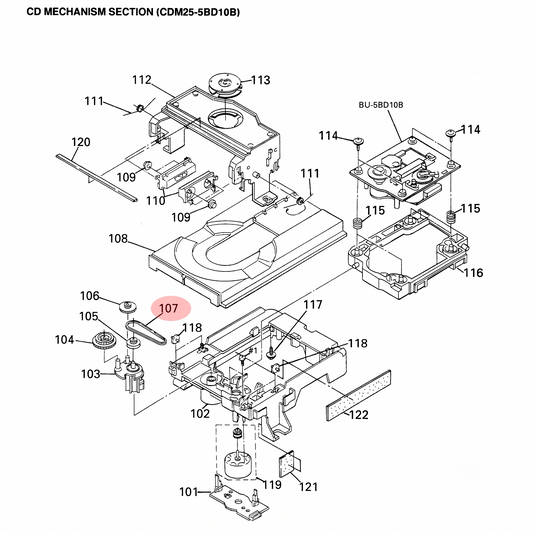 Technical diagram of a CD mechanism section with labeled parts on a white background