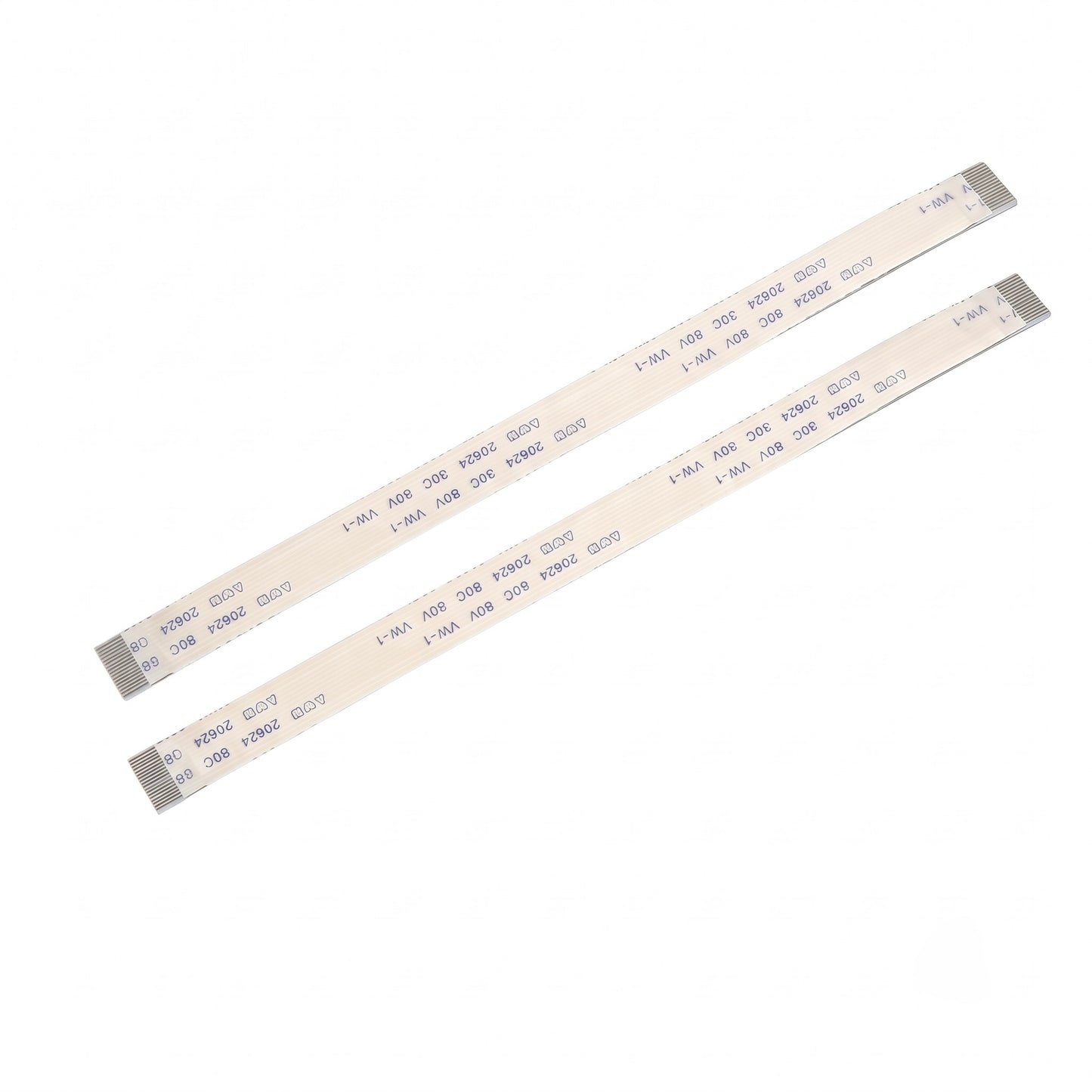 Two flat flexible circuitry ribbon cables with gray metal contacts at the ends, printed with technical specifications on a white background.