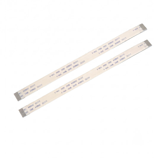 Two flat flexible circuitry ribbon cables with gray metal contacts at the ends, printed with technical specifications on a white background.