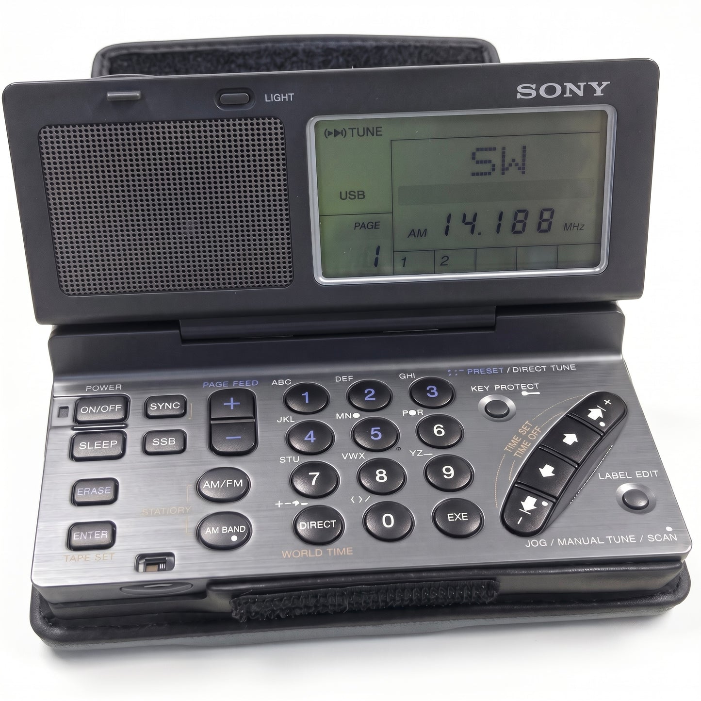 Sony portable radio with an open clamshell design, featuring a digital display screen and a silver and black keypad base.