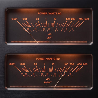 Two rectangular illuminated audio meters mounted on a dark textured panel, showing power/watts, dB, and left/right channel readings with glowing orange markings.