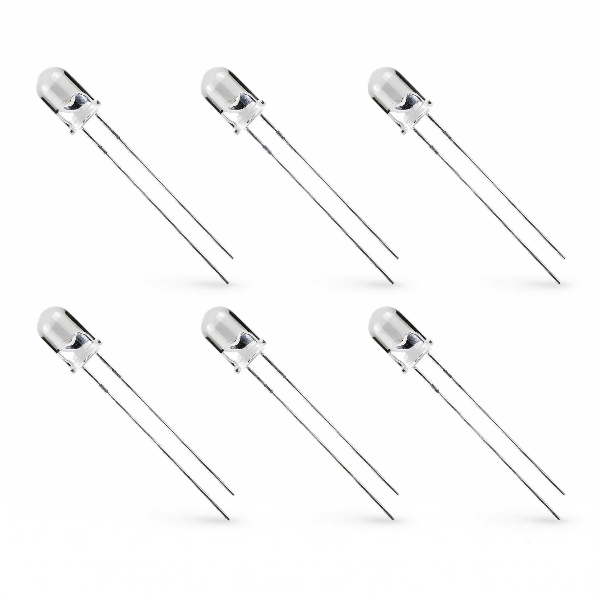 Six standard through-hole LEDs arranged in two horizontal rows of three against a plain white background. Each LED has a clear, cylindrical epoxy capsule with a domed top, revealing the internal anode and cathode structures. Two long, thin silver metal leads extend diagonally downward and to the right from the base of each capsule. Subtle shadows are cast beneath the tip of each lead, giving the image a clean, product-catalog style.