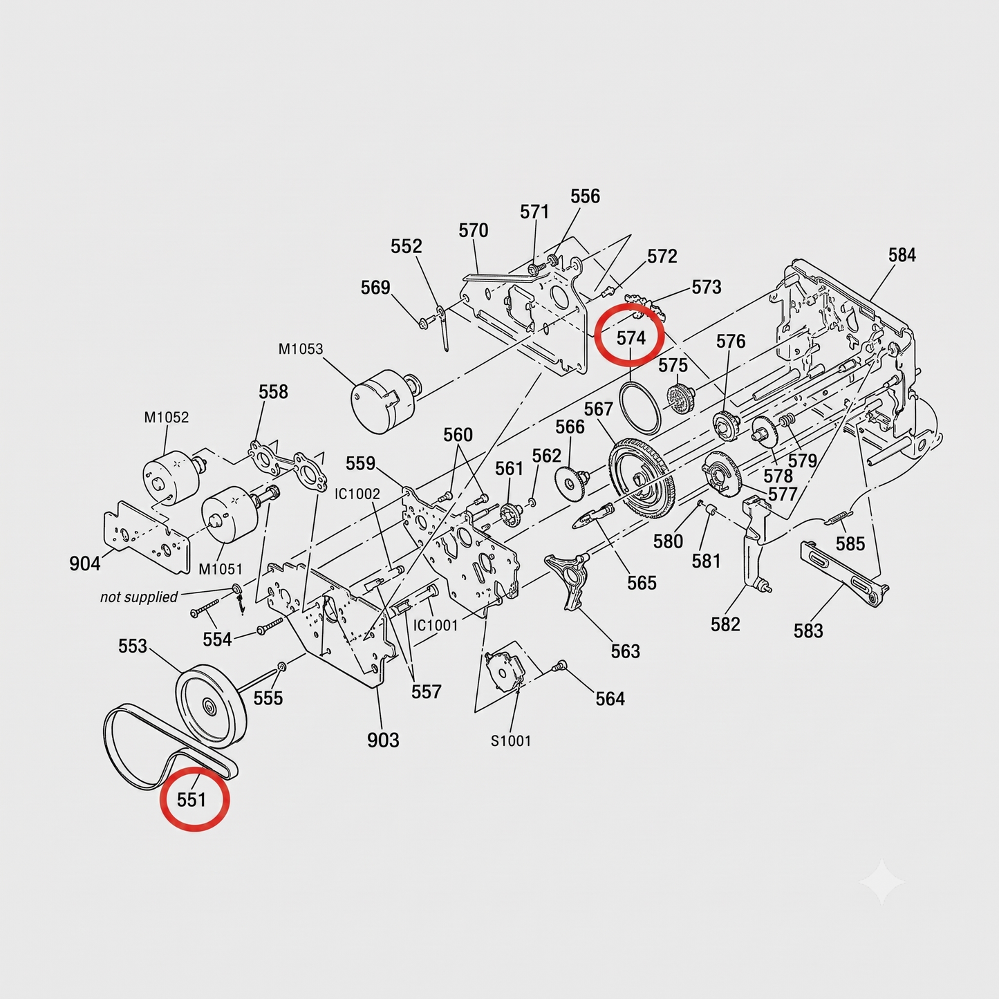 An exploded technical schematic diagram illustrates the mechanical components of a device (labelled as a Sony TCM-200V1 mechanism). Dozens of individual gears, plates, motors, and screws are shown separated along dashed assembly lines on a light grey background, each designated by a three- or four-digit reference number.