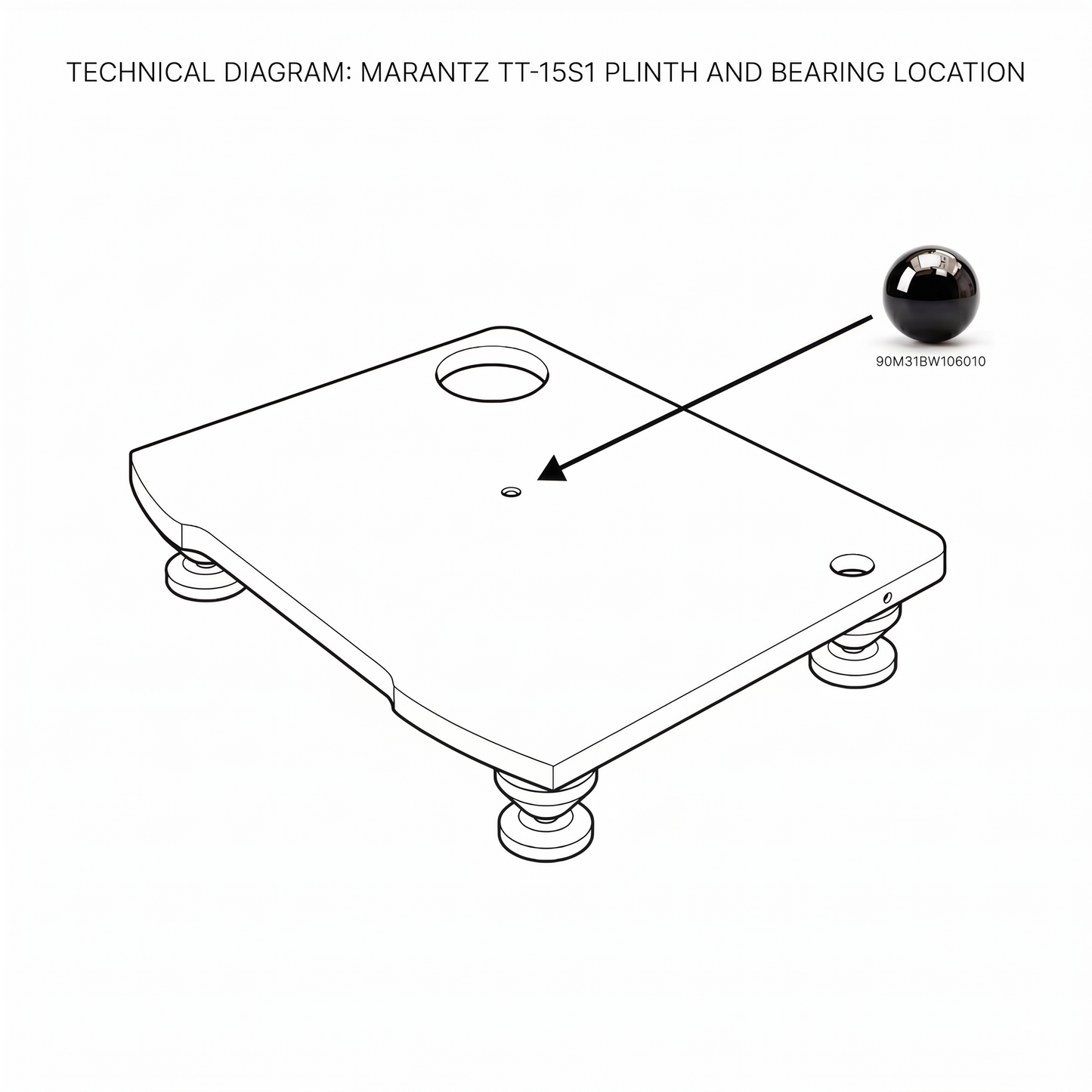 Technical line drawing diagram of the Marantz TT-15S1 turntable plinth, featuring a black arrow pointing from a shiny, reflective black ceramic ball bearing (part number 90M31BW106010) to its precise installation location at the center of the chassis.
