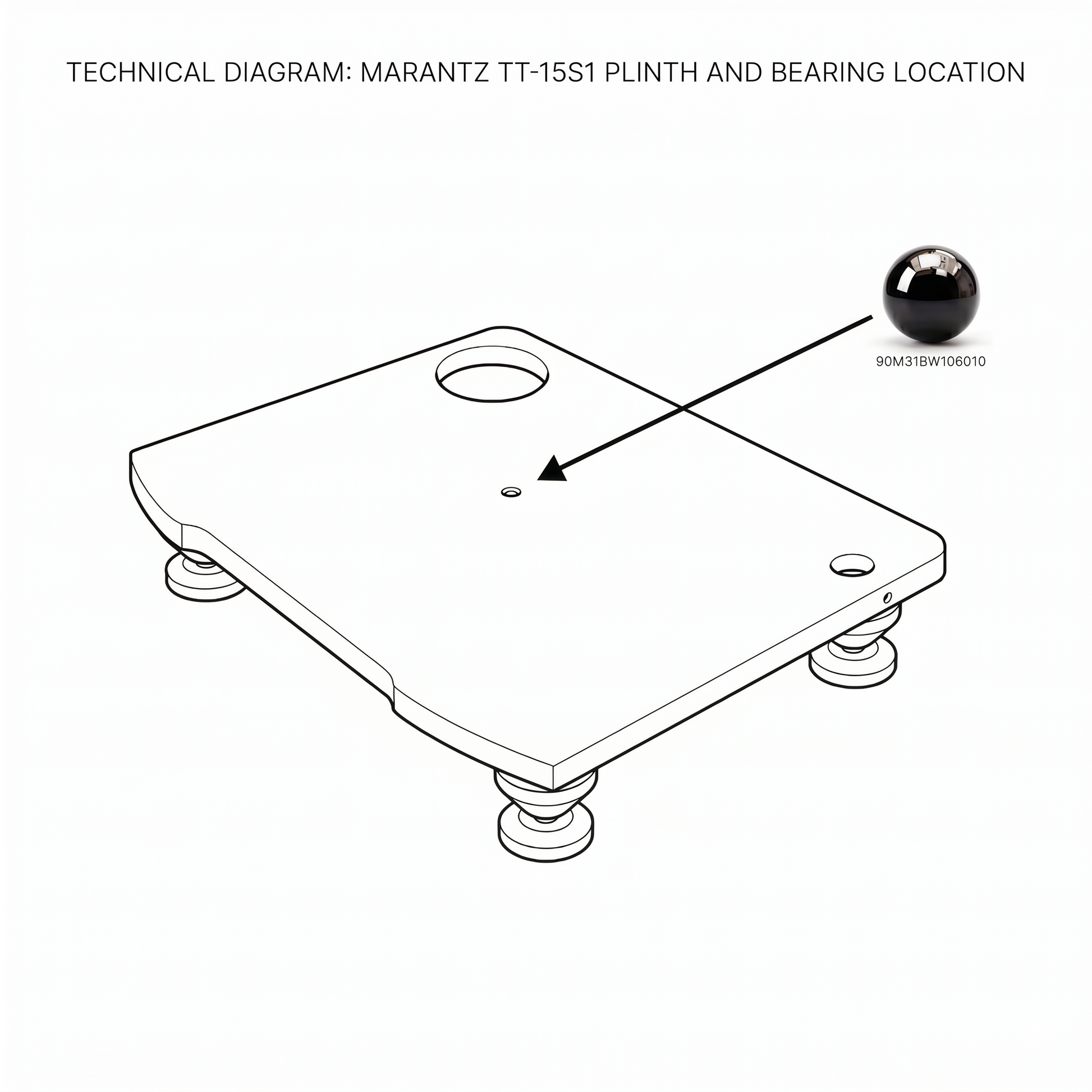 Technical line drawing diagram of the Marantz TT-15S1 turntable plinth, featuring a black arrow pointing from a shiny, reflective black ceramic ball bearing (part number 90M31BW106010) to its precise installation location at the center of the chassis.