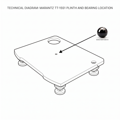 Technical line drawing diagram of the Marantz TT-15S1 turntable plinth, featuring a black arrow pointing from a shiny, reflective black ceramic ball bearing (part number 90M31BW106010) to its precise installation location at the center of the chassis.