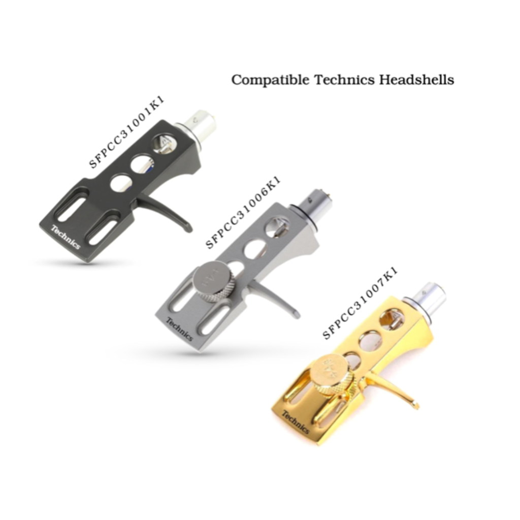 Three Technics headshells in black, silver, and gold on a white background