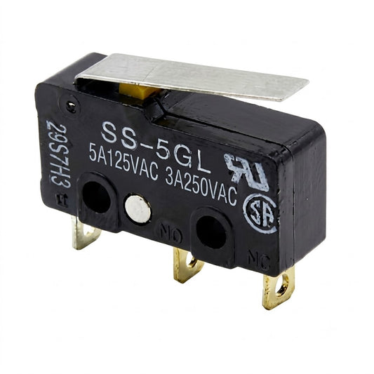 A close-up three-quarter studio photograph of a black plastic micro switch, identifying the Technics Target Pop-Up Stylus illuminator Micro Switch SL-1200 SL-1210.jpg against a white background. Printed in white ink on the side is the text "SS-5GL", "5A 125VAC 3A 250VAC", "29S7H3", and a UL certification mark. Below these markings are a central silver metal rivet and two screw-mounting holes labeled "NO" and "NC". A yellow plastic plunger is pressed down by a long metal leaf lever. Three gold-plated solder 