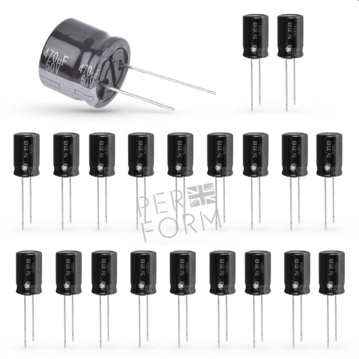 Assorted electrolytic capacitors with a close-up of one capacitor on a white background.