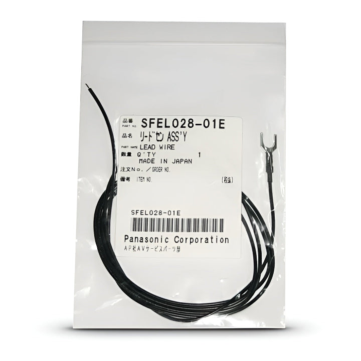 A black turntable ground (earth) wire coiled inside a clear plastic bag. The bag features a white manufacturer's label with the part number SFEL028-01E, the description LEAD WIRE, and "MADE IN JAPAN" printed in black text. Below the barcode, "Panasonic Corporation" is visible. One end of the wire features a silver Y-shaped spade connector, while the other end is pre-stripped, exposing the inner copper wire.