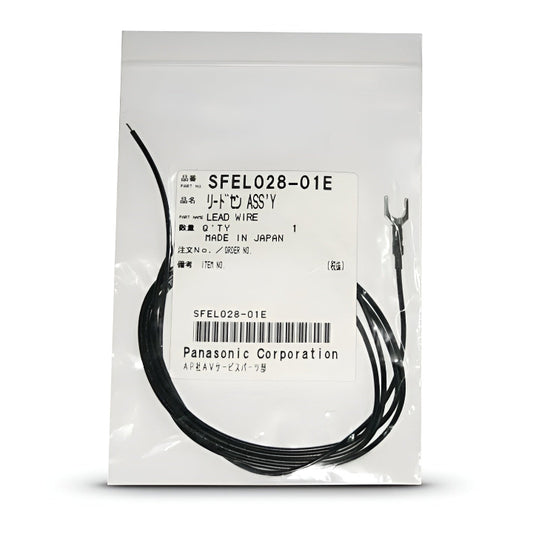 A black turntable ground (earth) wire coiled inside a clear plastic bag. The bag features a white manufacturer's label with the part number SFEL028-01E, the description LEAD WIRE, and "MADE IN JAPAN" printed in black text. Below the barcode, "Panasonic Corporation" is visible. One end of the wire features a silver Y-shaped spade connector, while the other end is pre-stripped, exposing the inner copper wire.
