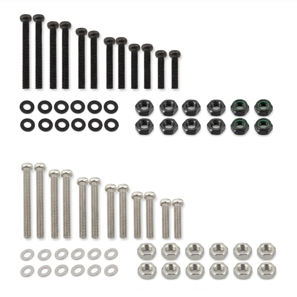 A product photo of a Technics Headshell Mounting Screw Kit for SL-1200 and SL-1210 turntables, laid out neatly against a plain white background.

The kit is divided into two identical sets of hardware—one in black and one in silver—arranged symmetrically in top and bottom halves: