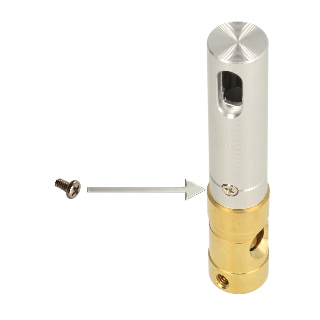 Metallic cylindrical component with gold lower section and silver upper section on a white background