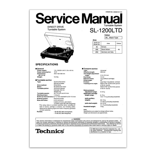 Service manual for Technics SL-1200LTD turntable system on a white background