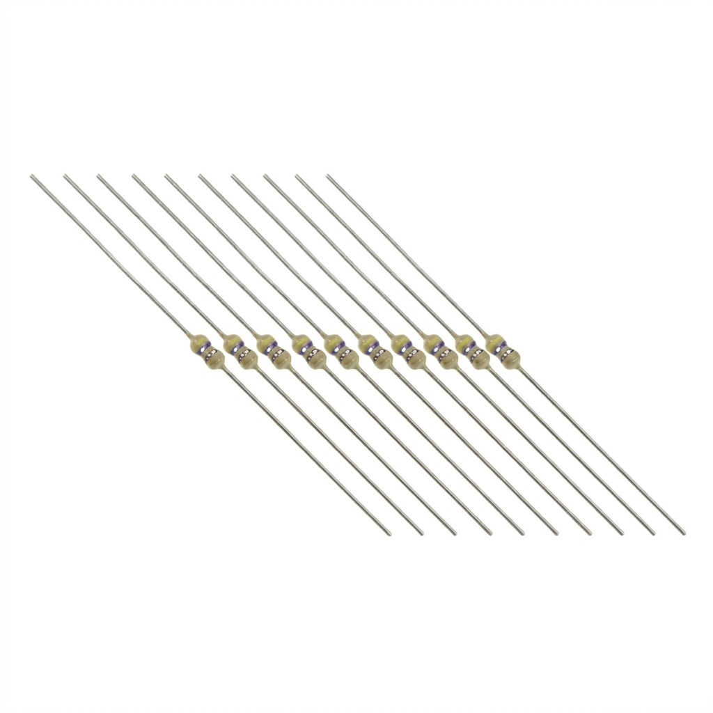 Through-hole electronic resistors arranged neatly in a parallel, diagonal row against a solid white background.