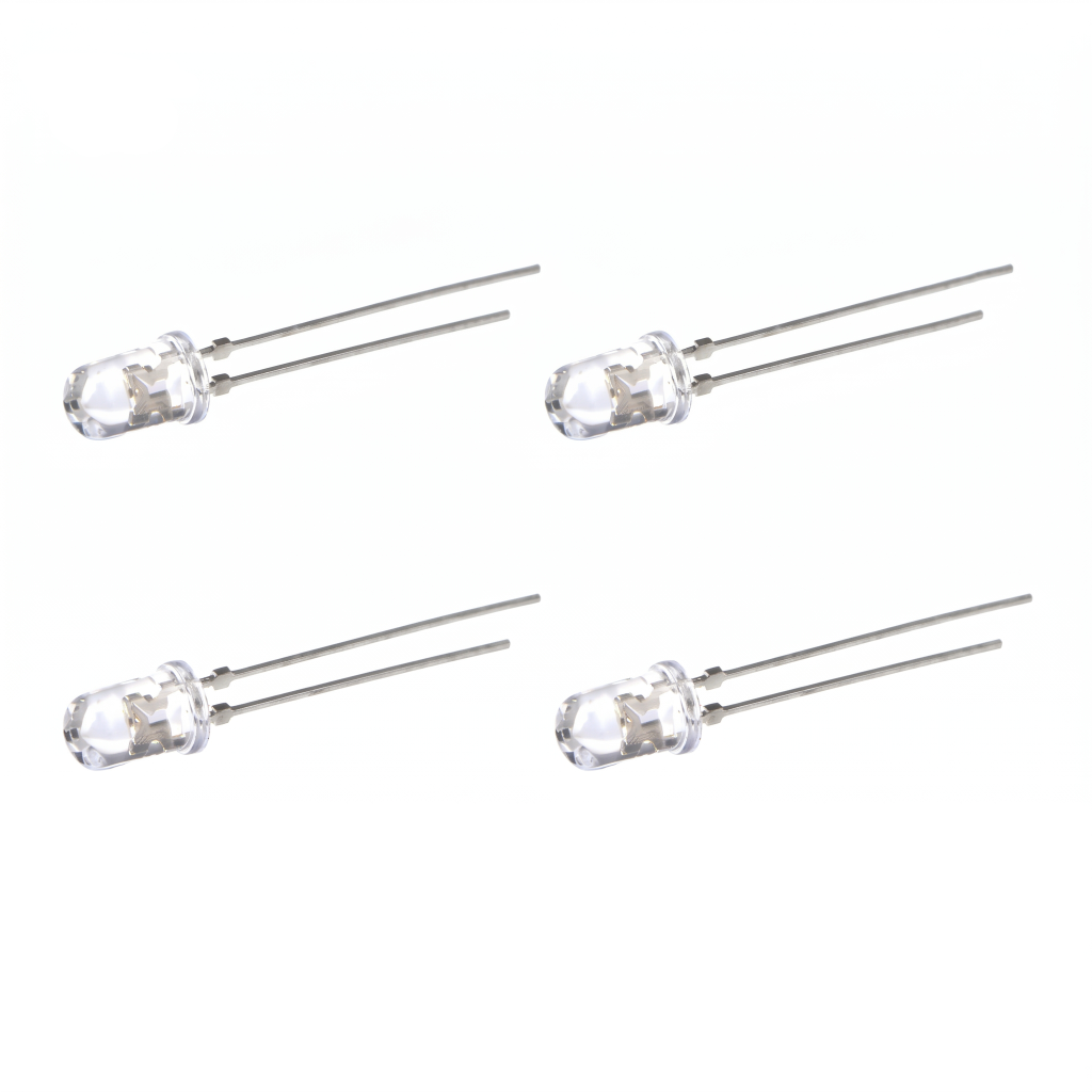 A 4-pack of clear through-hole LEDs with silver wire leads on a white background, featuring a bright red circular indicator dot in the top-left corner to denote the illumination colour for a Technics SL-1200 turntable strobe repair kit.