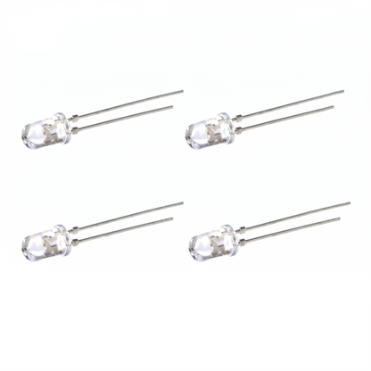 A 4-pack of clear through-hole LEDs with silver wire leads on a white background, featuring a bright red circular indicator dot in the top-left corner to denote the illumination colour for a Technics SL-1200 turntable strobe repair kit.