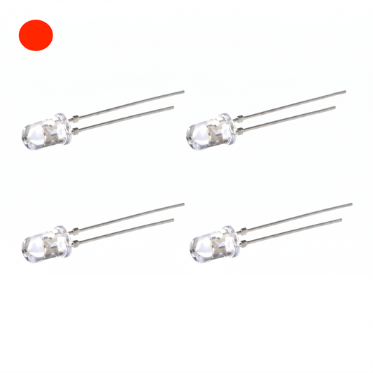 A 4-pack of clear through-hole LEDs with silver wire leads on a white background, featuring a bright red circular indicator dot in the top-left corner to denote the illumination colour for a Technics SL-1200 turntable strobe repair kit.