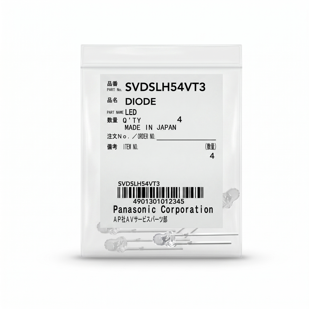 Genuine Panasonic Corporation product packaging for the Technics SVDSLH54VT3 Diode LED repair kit, showing a clear plastic bag with an official white labels printed with part numbers, a barcode, and "Made in Japan," containing 4 clear replacement LEDs.